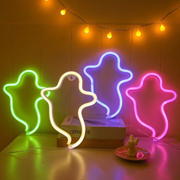 Neonljus Spöke Hängande Dekoration LED Halloween Dekorativ Neon Skylt för Fest (Varm Färg)