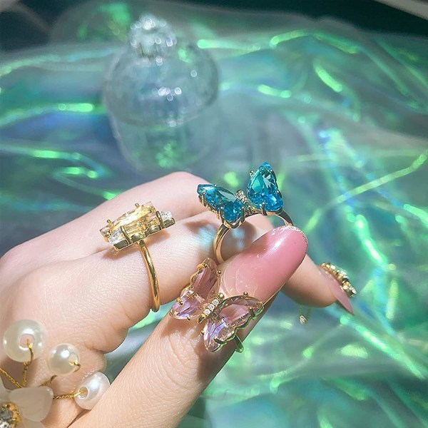 Fjärilsringar Akryl Kristallringar Färgglada vintage söta ringar Smycken för tjej kvinnor tonåringar
