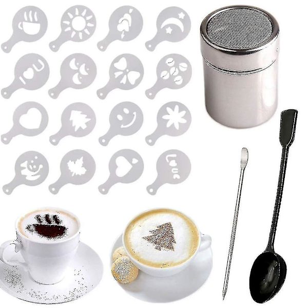 Rostfri chokladskakare + 16 Cappuccino kaffebarista stenciler kaffe + måttsked + konststencilpenna