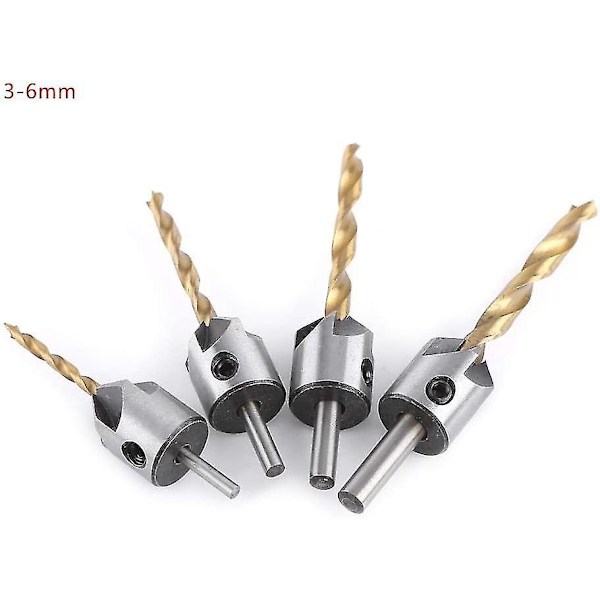 Fasavskärare, 5-spårig avsmalnande borr med sexkantsnyckel fasningsverktyg för trä (4 st, 3/4/5/6 mm)