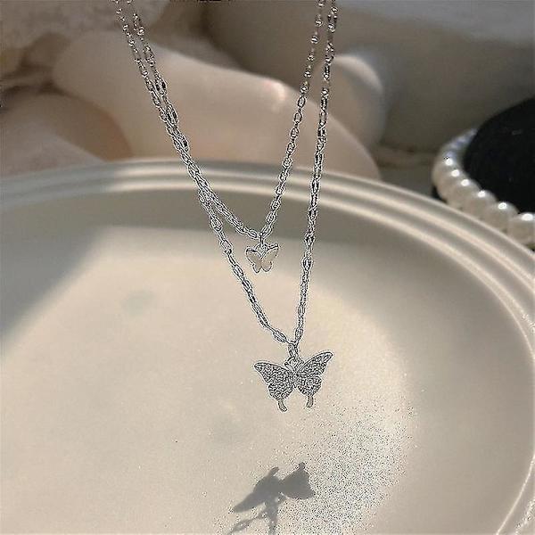 Sl 2 stk. Etnisk Stil Trendy Diamantbesatt Butterfly Dobbeltlags Halskjede Mote Temperament Design Henger Kald Vind Henger Shisanq