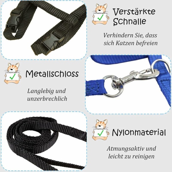 2-pack justerbar nylon kattsele (blå svart) mjuk kattsele med koppel för kattungar, valpar, kaniner