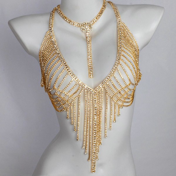 Full Diamond Tung Industri Kroppskedja Accessoarer Modevisning Vattendiamant Överdådigt Halsband Bröstkedjeset