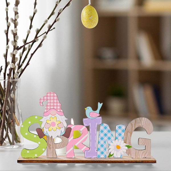 Påskpynt med släta kanter, stabil bas, trä, vårbokstav, ansiktslös tomte, dekorationsskylt för hemmet