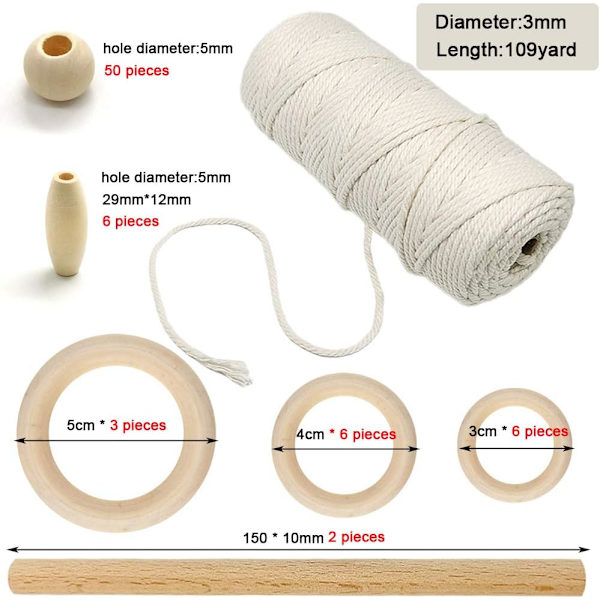 3mm luonnonpuuvillaköysi Macrame-makrameelanko puutikut puiset renkaat puinen