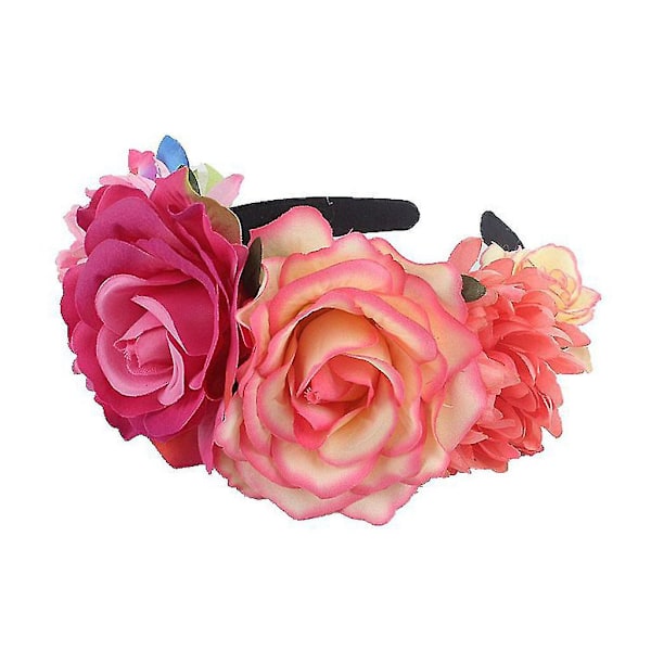 Bloomy Women Rose Floral Crown Hair Wreath Leave Flower Headband For Halloween