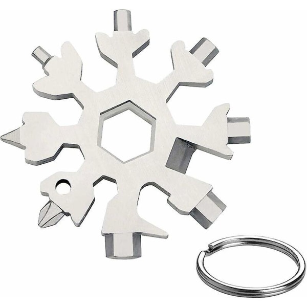 18 i 1 Snowflake Multi-Tool, Mini Portable Multi-Tool i rostfritt stål med nyckelring för utomhusresor dagligt verktyg, mäns julklapp (silver)