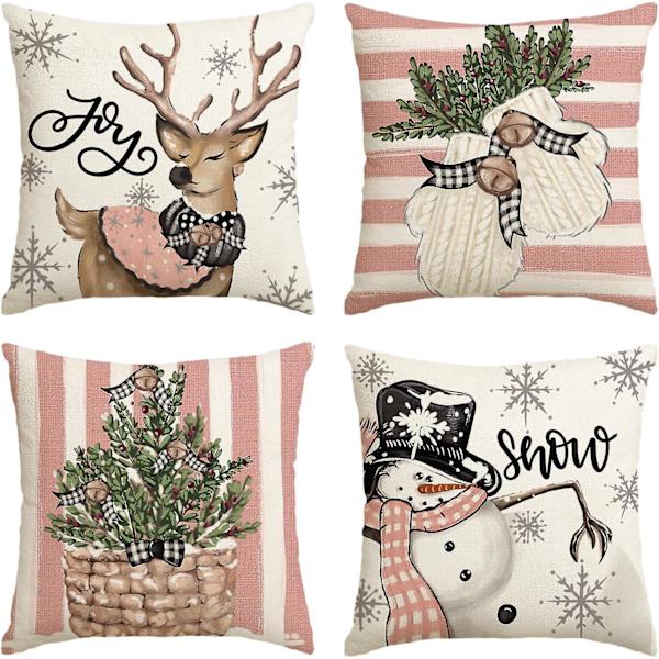 Julkuddar 18x18 Set om 4 Rosa Ränder Tomte Snögubbe Snöflinga God Jul Gran Låt Det Snöa