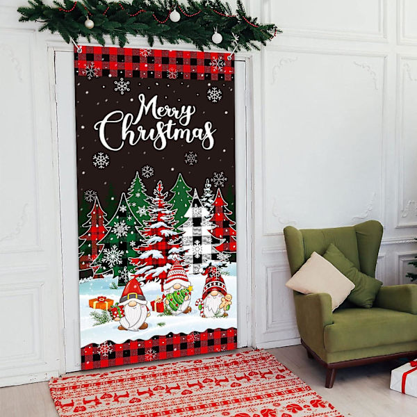 Juldörröverdrag God Jul Dörrbanderoll Bakgrund Buffelrutig Julgran Dörrhängande Överdrag För Jul Vintersemester, 71 X 35 Tum