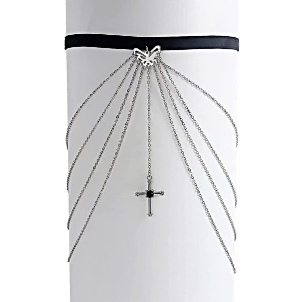 Sexet krucifiks Lårkæde Sølv kvast Hul Sommerfugl Cross Pendant Elastisk Ben Sele Body Chain Boho Bikini