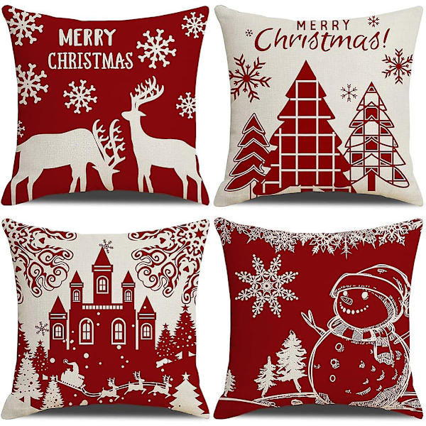 Julkuddeöverdrag 45x45cm, Set om 4 Juldekorativa Soffa i Bomull och Linne Jul-juldekoration Röd