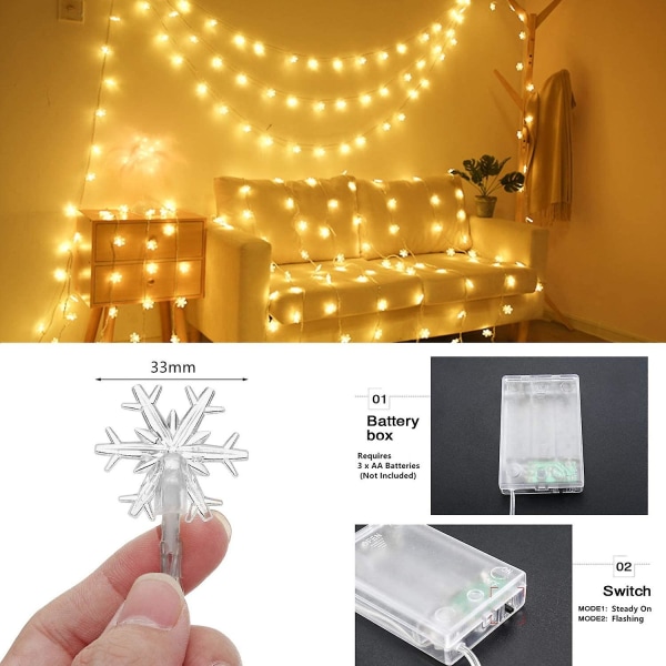 Julelys, 20 Ft 40 Led Snowflake String Lights Batteridrevet Vandtæt Fairy Lights