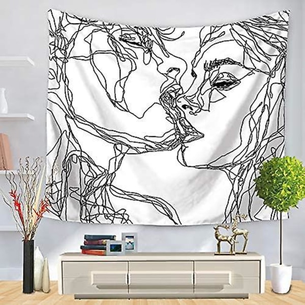 Man och kvinna gobeläng, abstrakt skiss konst kyssar älskare karaktärer linje händer som håller sovrum gobeläng