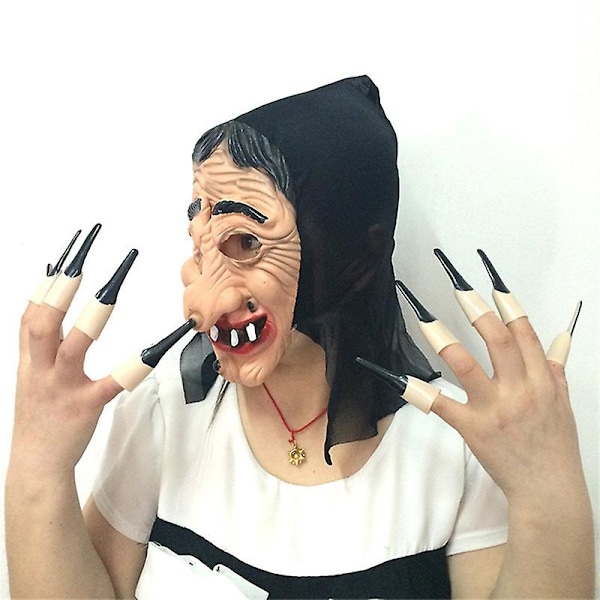 Heksemaske Halloween Horror Djævelmaske Med Lange Negle Ondt Kostume Latex Realistisk Ansigt Gammel Dame Mand Maske Uhyggelig Cosplay Skræmmende Maske Til Voksne Tilfældig