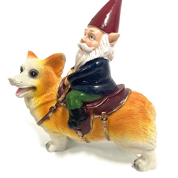 Morsom Gutt Kopper Hage Nisse Statue, Nisse Rytter På En Corgi