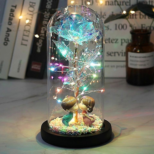 LED Förtrollad Galaxy Ros Evig 24K Guldfolie Blomma med Fairy Ljusslingor i Kupol för Jul Alla Hjärtans Dag Present (Regnbåge)