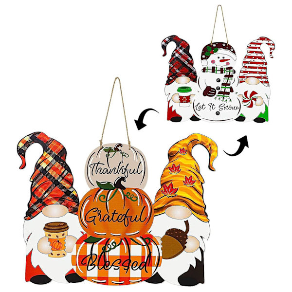 Höst- och Juldörrskylt med Pumpa och Tomte - Trä Dekoration för Vägg