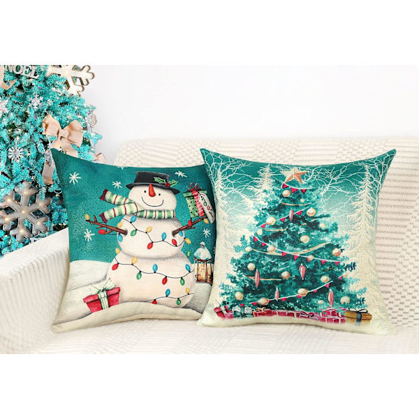Turkos Jul Kuddfodral 45cmx45cm Set om 4 Farmhouse Juldekorationer Snögubbe Tomte med Blomsterkrans Lastbil med Träd Vintersemester Dekor