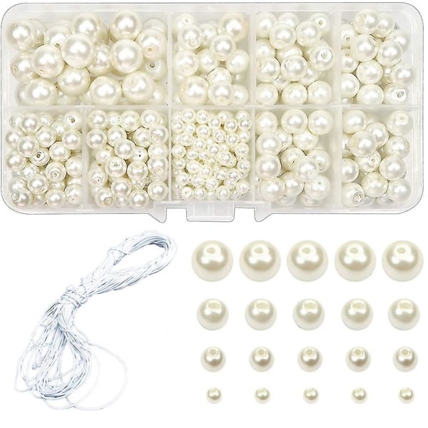 Hvide perler glasperler, pakke med 440 runde perler, til smykkefremstilling