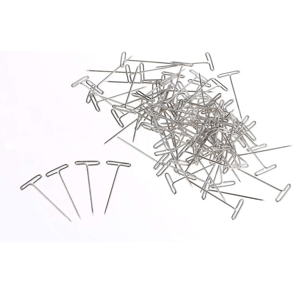 100 stk 1 tommer forniklet stål T-pinner Sølv T-formede pinner for blokkering av strikking, modellering og kontor med plastboks.