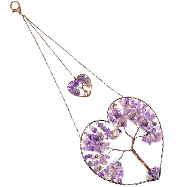 Hængende Ornament med Rosakvarts Hjerte, Livets Træ, Drømmfang, Boheme Pink Dobbelt Hjerter Træ