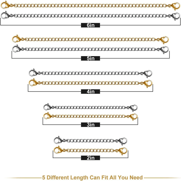 Halskjedeforlengere, 15 stk Rustfritt stål Gull Sølv Halskjede Armbånd Ankelforlengelseskjeder med hummerlåser og lukkinger for smykkefremstilling