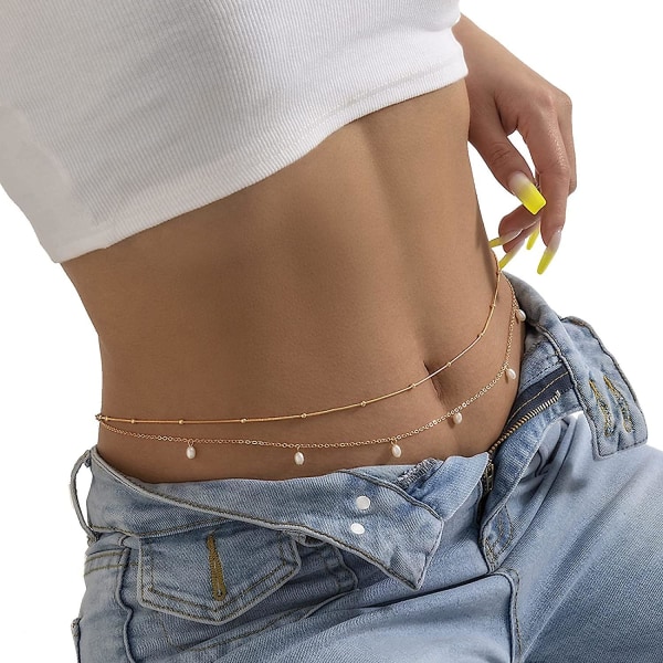 Summer Beaded Waist Chain Metal Bikini Multi Layer Waist Belly Chain Sexy Beach Beads Body Chain Pearl Simple Waist Chain for Women Girls (Beads Belly