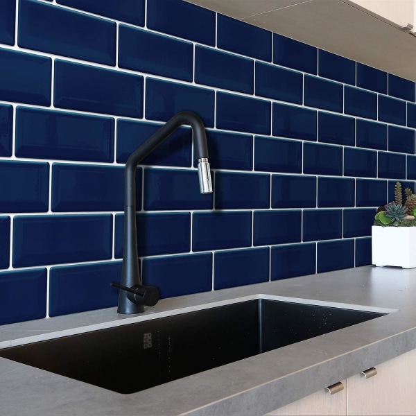 Sett med 16 deler, blå Subway selvklebende fliser, selvklebende bakplate til kjøkken, baderom, 3D murstein vinyl selvklebende papir