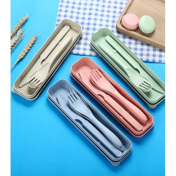 4 Bærbare Plast Reisebestikksett Med Etui For Camping Piknik, Gjenbrukbare Skje Gaffelsett For Utendørs Servise, Miljøvennlig, Beige Grønn Rosa Blå