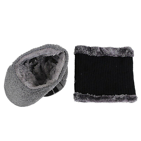 Mænds varm vinter spids beanie hat sjal sæt fleece foret udendørs strikket hue (marineblå)