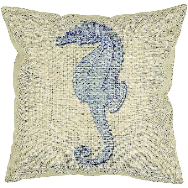Sæt af 4 Hav-Nautiske Seahorse Koraller Havstjerner Alger Holdbare Hør Pudebetræk Cafe Hus Sommer Deko Blå 45 X 45 Cm