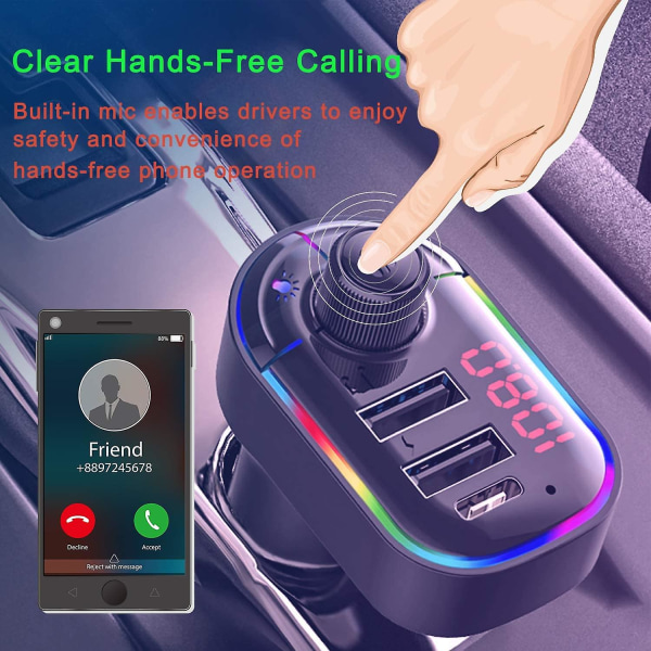 Bil Bluetooth FM-sender, Bluetooth 5.0 biladapter, trådløs radio, bilmottakeradaptersett, håndfri samtale