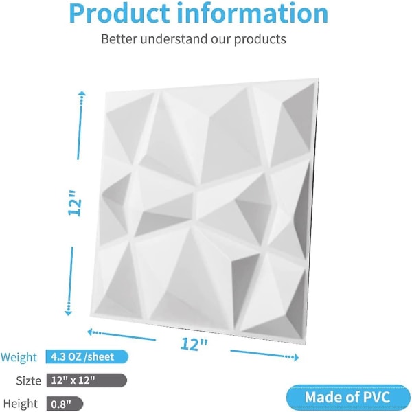 1 st diamantformade 3D dekorativa väggpaneler, matt vit 30,5 x 30,5 cm, tillverkade av okrossbar PVC, återvinningsbar, vattentät, luktfri, kan målas
