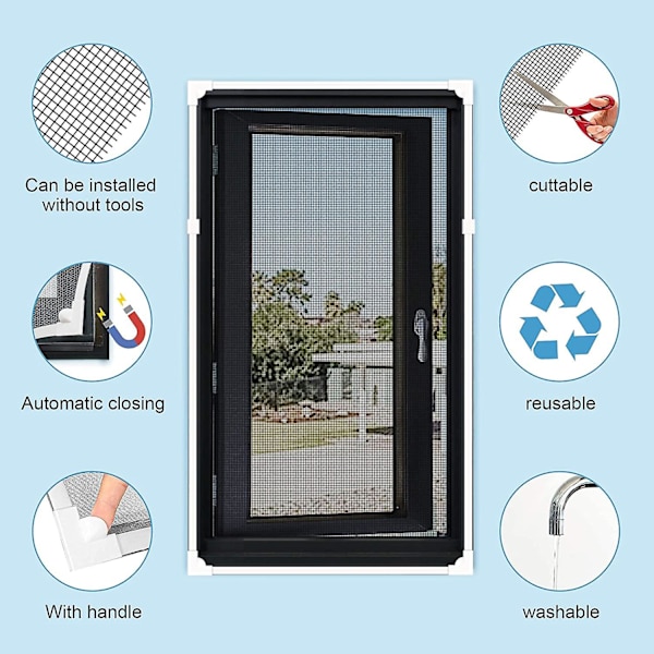 50x100cm Myggnett Magnetisk Vindu Klippbar Insektmiddel Magnetisk Myggnett Gardin med Justerbar Ramme, Borrelås Myggnett Enkelt A