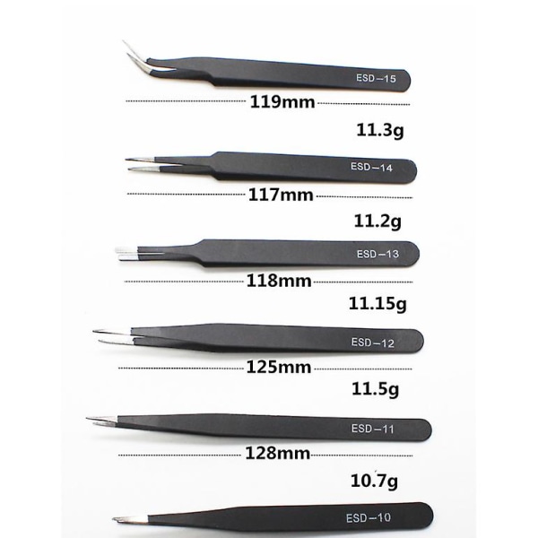 6 stk antistatisk pinsett presisjonspinsett i rustfritt stål presisjonspinsett for elektronisk håndverkssmykker Beauty Lab (svart)