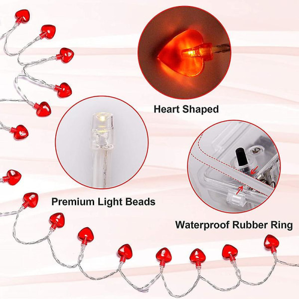 LED Røde Hjerteformede Lyskæder, 3m 20 LED Batteridrevne Dekorative Lys til Fødselsdagsfest Bryllupsfestival