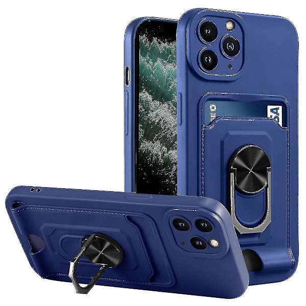 För Iphone 11 Pro Max 6,5 Tum Kortplats Dubbellager Skydd Hård PC + Mjuk TPU Skal Med Roterbar Ring Stativ - Blå