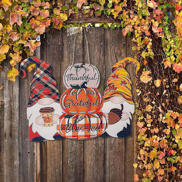 Höst- och Juldörrskylt med Pumpa och Tomte - Trä Dekoration för Vägg