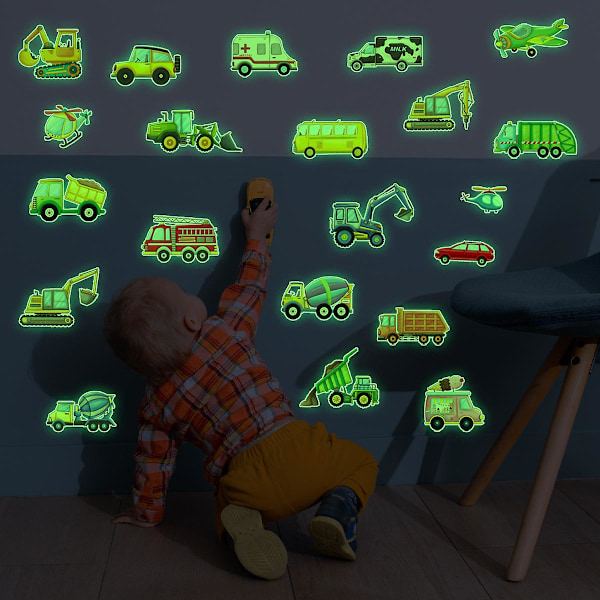 Glow in the Dark Lastbilsdekaler Konstruktion Väggdekaler Cartoon Baby Boy Väggdekaler Lastbil Bil Grävmaskin Dekorativa Väggdekaler Lysande Konstruk