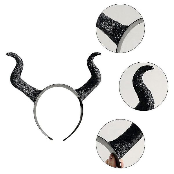 Halloween Hexe Sort Lang Oksehorn Pandebånd Film Dæmon Ond Dronning Glitter Hårbøjle Gothic Cosplay Kostume Tilbehør Hovedbeklædning Maskerade Rekvisitter