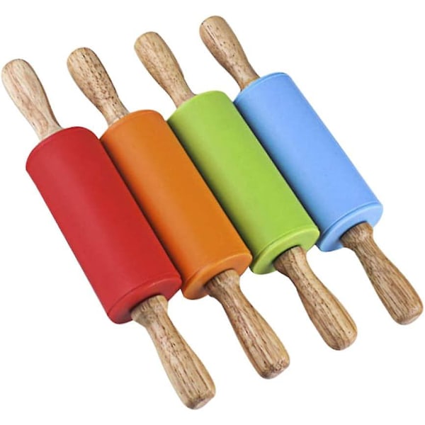 Mini Rullekævle med Træhåndtag Non-Stick Silikon Rullekævle til Børn Børn Hjem Køkken (4 stk., Multifarvet)