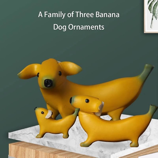 Trädgårdsstaty för bananhund, familj på tre Bananhunddekorationer, kreativ staty för bananvalpharts, rolig konstskulptur för hemmet (helt set)