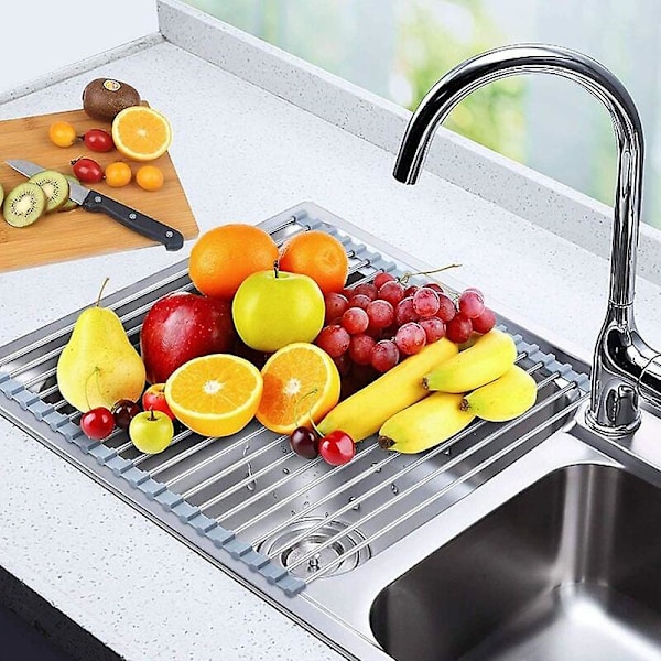 Rullbar diskställ, BPA-fri, hopfällbart diskställ för diskho, perfekt för frukt, grönsaker, tallrikar, silikonbelagt rostfritt stål, 47 x 34