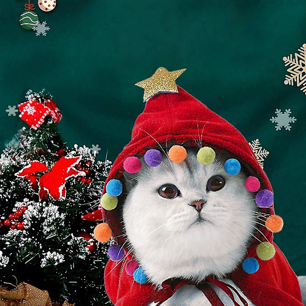 Jultomtekostym för katt med tomteluva och halsduk - Kitty Juloutfit Kläder Husdjur Jultomte Set för Kattunge, Valp