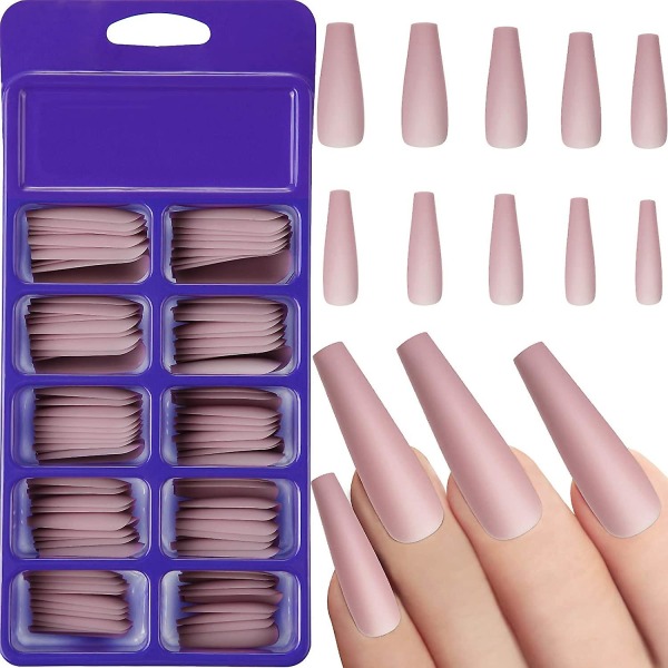 100 stykker matte ekstra lange negle kiste falske negle ensfarvet fuld dækning falske negle matte med æske til kvinder piger negle dekorationer (lyserød)