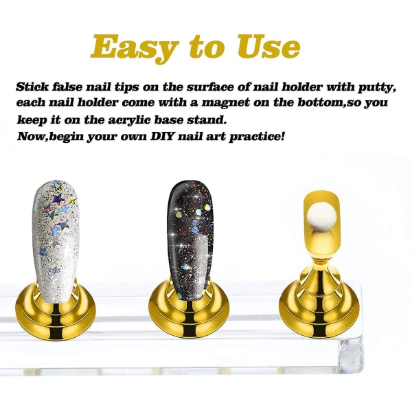 2 sett Akryl Nail Practice Stand Magnetisk Nail Tip Art Display Stand Holder Manikyr Verktøy Med Gjenbrukbar selvklebende Kitt Leire For Hjem Salong Makeup