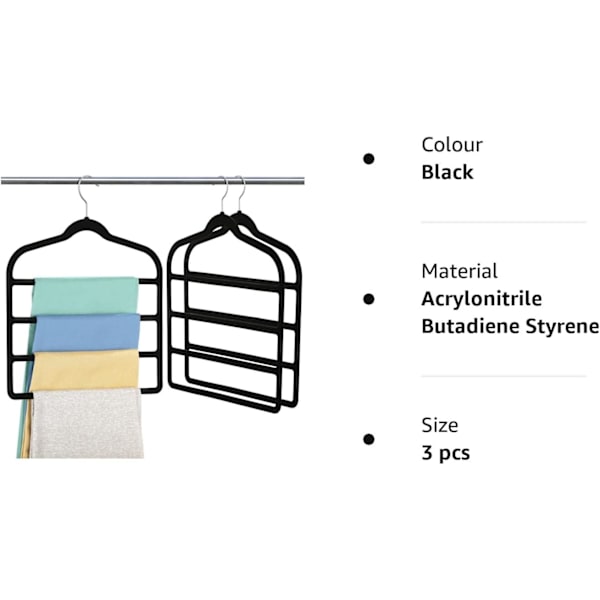 3-pack jeanshängare, multihängare i sammet, förvaringsorganisatör för garderob, byxor, halsduk, bälte, slipsar, handduk (svart)