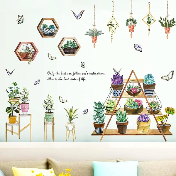 Grønne plantesukkulenter hengende anheng Bonsai-veggklistremerker, avtagbare DIY-blomster sommerfugl tapetdekaler, natur kunst veggmalerier for soverom Sof