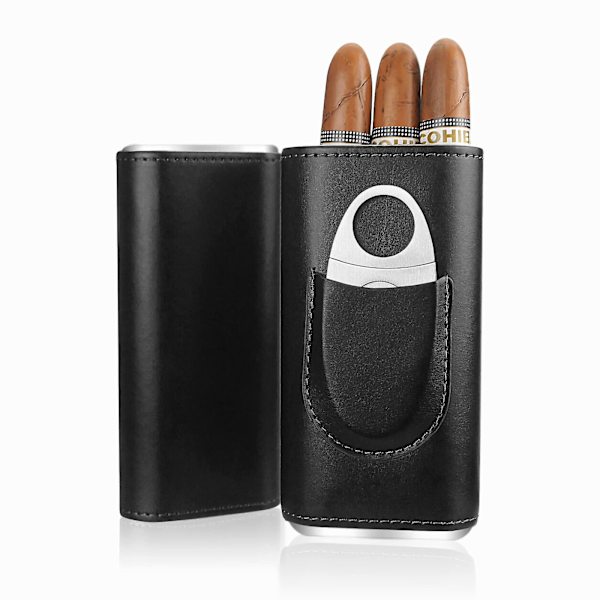 3-Finger Læder Cigar Etui med Cutter Cedar Træforet Cigar Humidor Bærbar Rejse Cigar Etui, Sort