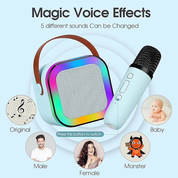 Karaokemaskin för barn & vuxna, mini bärbar Bluetooth-karaokespeaker med 2 trådlösa mikrofoner och dynamiska lampor (blå)